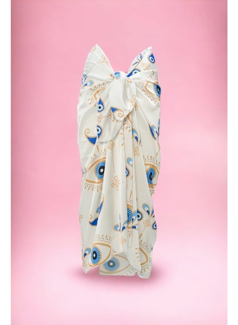 Pistore White Eye Patterned Long Pareo Satin Women's Beach Dress New Season - Image 1
